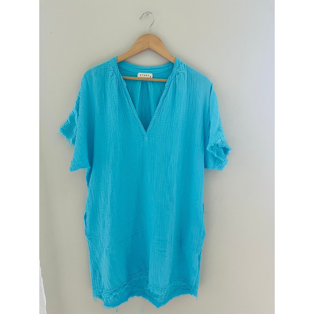 Stark X Women Turquoise Blue Cotton Gauze Tunic V-Neck Frayed Hem Top M 2137X